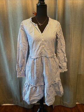 J. Crew Blue and White Striped Long Sleeve Tiered Dress